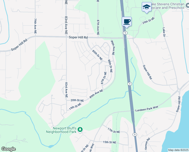map of restaurants, bars, coffee shops, grocery stores, and more near 2514 85th Drive Northeast in Lake Stevens