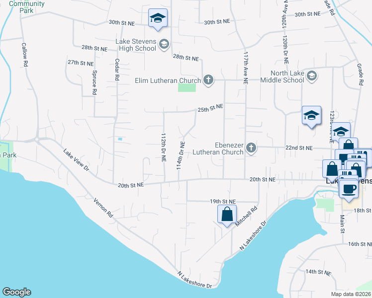 map of restaurants, bars, coffee shops, grocery stores, and more near 2213 114th Drive Northeast in Lake Stevens