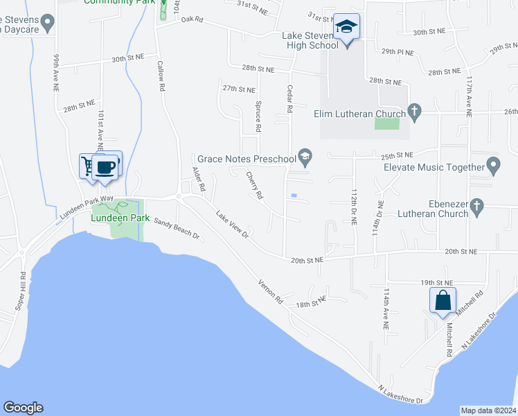 map of restaurants, bars, coffee shops, grocery stores, and more near 10816 Willow Road in Lake Stevens