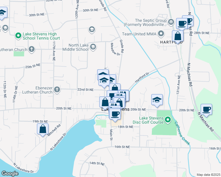 map of restaurants, bars, coffee shops, grocery stores, and more near 12309 22nd Street Northeast in Lake Stevens