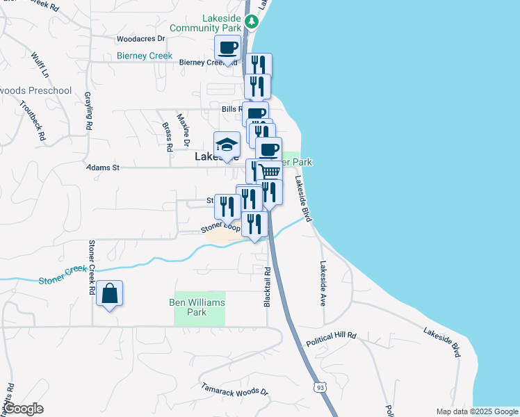 map of restaurants, bars, coffee shops, grocery stores, and more near 7262 U.S. 93 in Lakeside