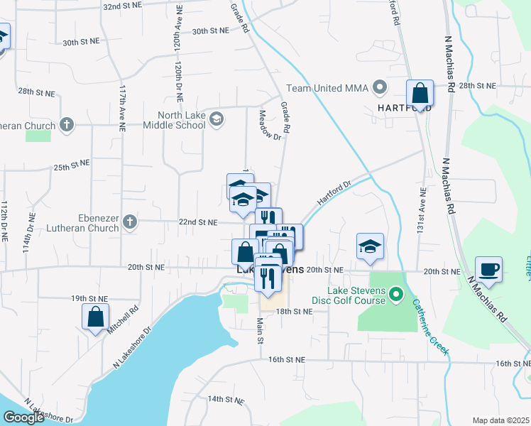 map of restaurants, bars, coffee shops, grocery stores, and more near 2210 Grade Road in Lake Stevens