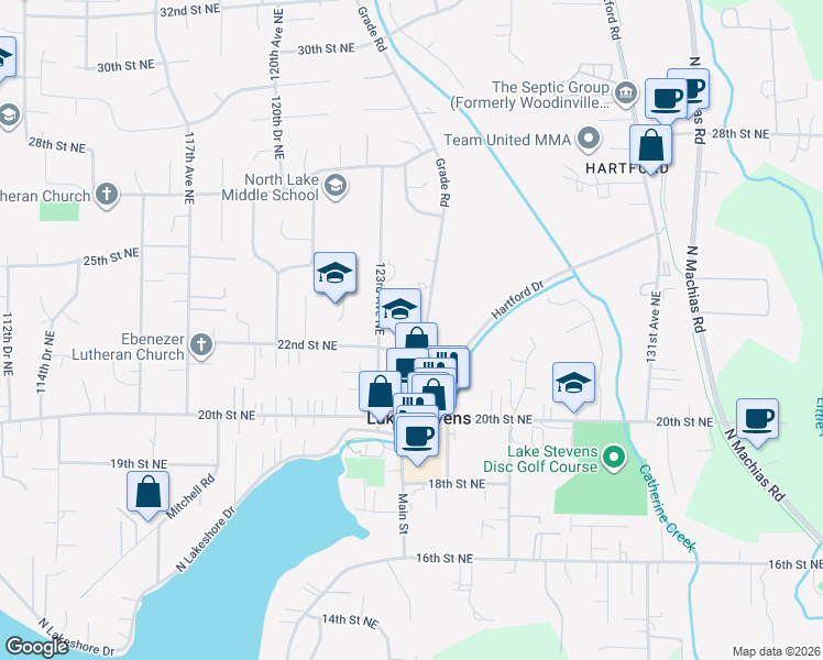 map of restaurants, bars, coffee shops, grocery stores, and more near 2212 Grade Road in Lake Stevens