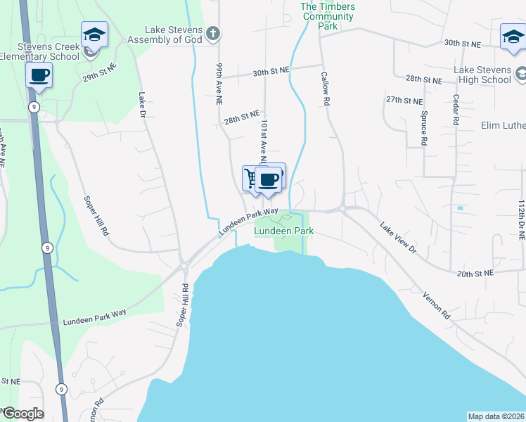 map of restaurants, bars, coffee shops, grocery stores, and more near 10101 Lundeen Parkway in Lake Stevens