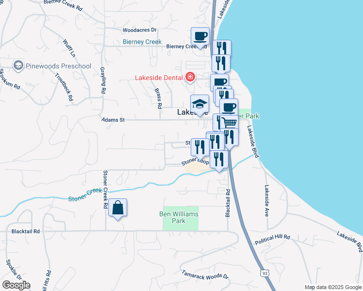 map of restaurants, bars, coffee shops, grocery stores, and more near 120 Stoner Creek Road in Lakeside