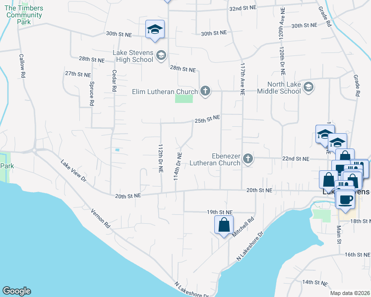 map of restaurants, bars, coffee shops, grocery stores, and more near 2213 114th Drive Northeast in Lake Stevens