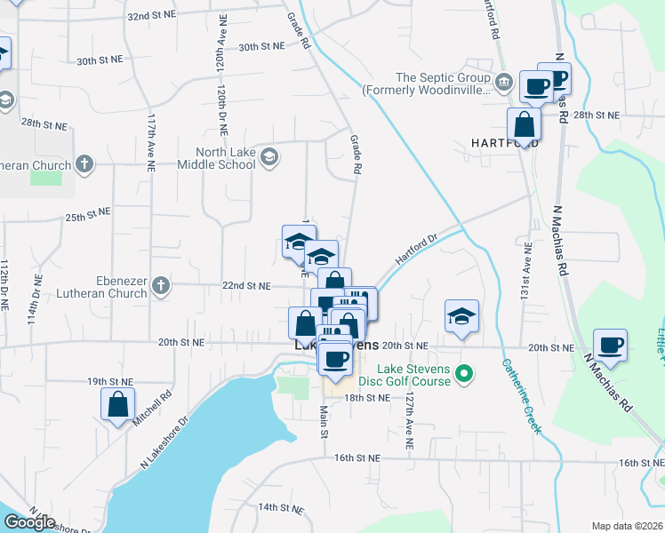 map of restaurants, bars, coffee shops, grocery stores, and more near 2212 Grade Road in Lake Stevens