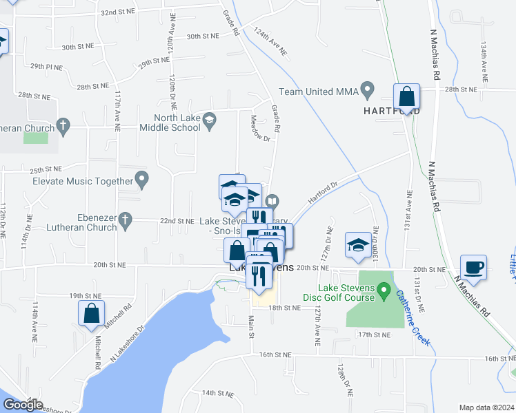 map of restaurants, bars, coffee shops, grocery stores, and more near 2212 Grade Road in Lake Stevens