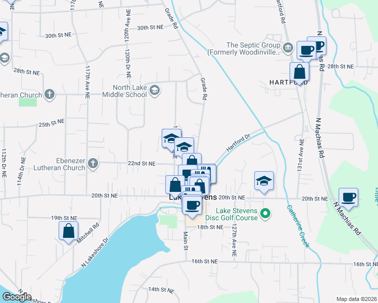 map of restaurants, bars, coffee shops, grocery stores, and more near 2212 Grade Road in Lake Stevens
