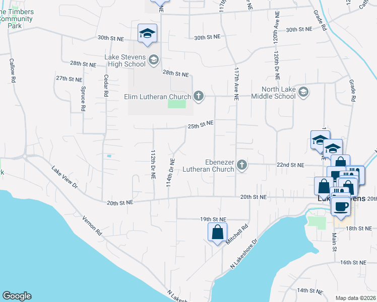 map of restaurants, bars, coffee shops, grocery stores, and more near 11425 22nd Place Northeast in Lake Stevens