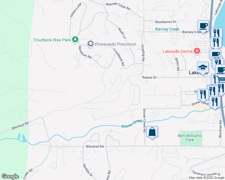 map of restaurants, bars, coffee shops, grocery stores, and more near Bower Road in Lakeside