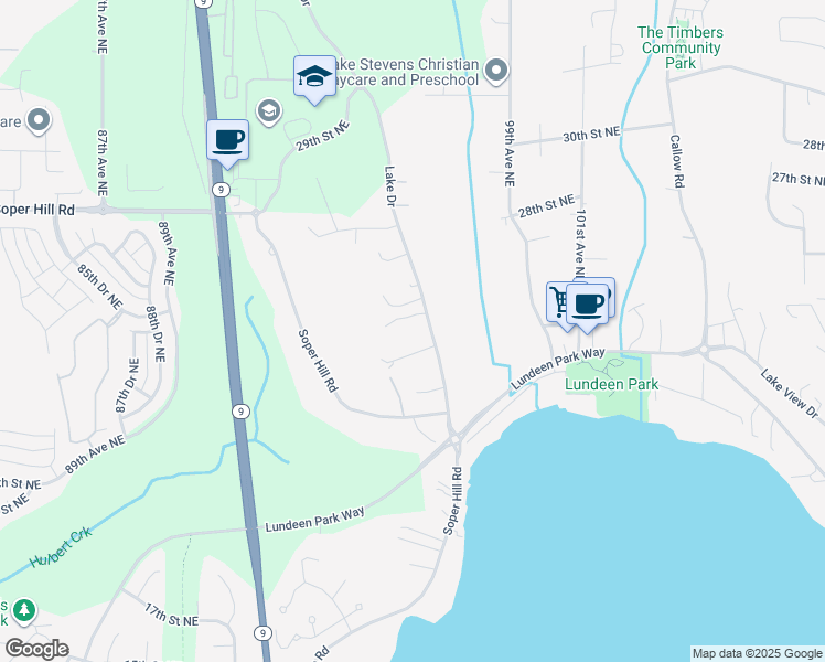 map of restaurants, bars, coffee shops, grocery stores, and more near 9611 24th Place Northeast in Lake Stevens