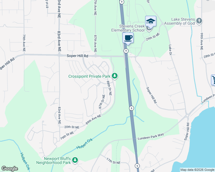 map of restaurants, bars, coffee shops, grocery stores, and more near 2406 88th Drive Northeast in Lake Stevens