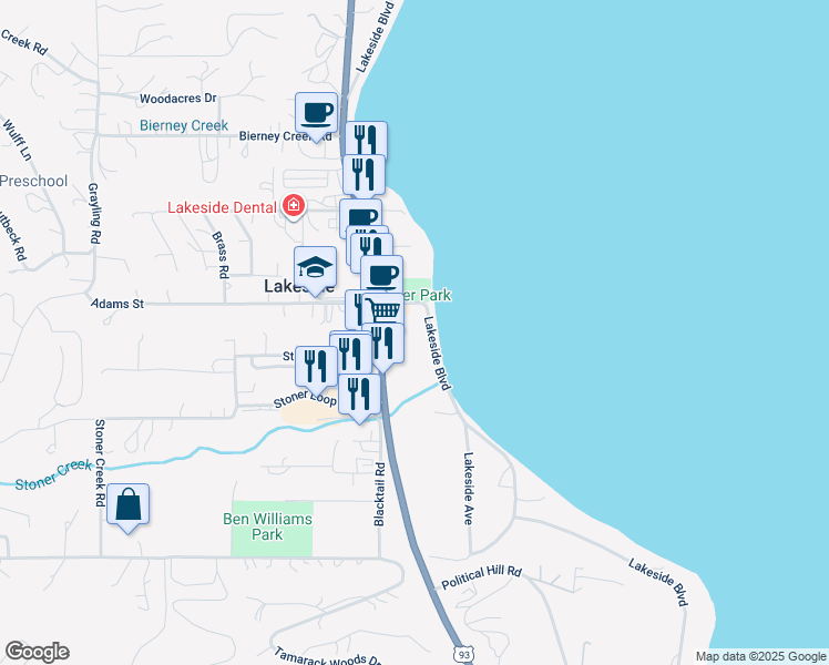 map of restaurants, bars, coffee shops, grocery stores, and more near 648 Lakeside Boulevard in Lakeside