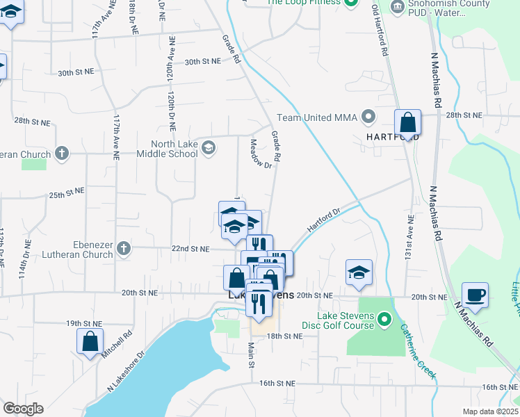 map of restaurants, bars, coffee shops, grocery stores, and more near 12326 24th Place Northeast in Lake Stevens