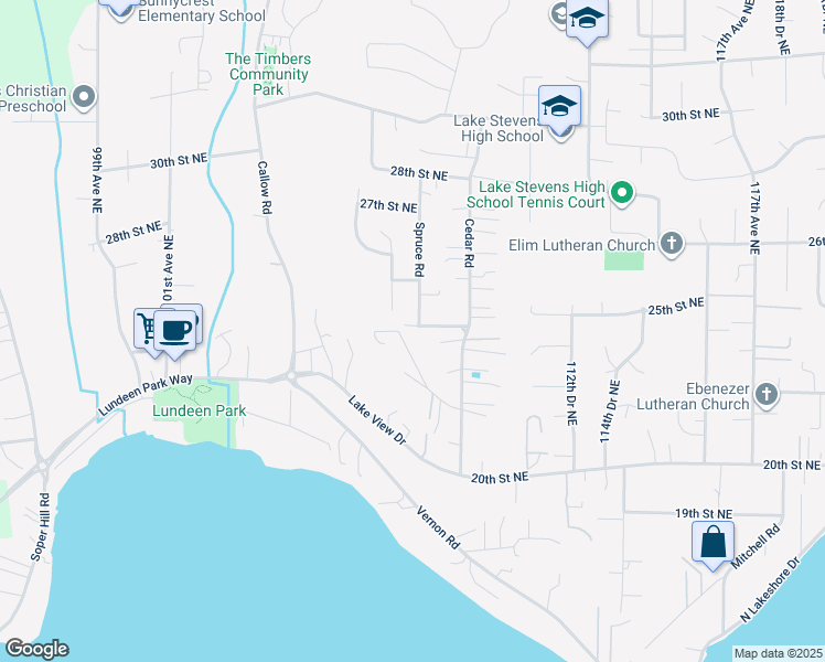 map of restaurants, bars, coffee shops, grocery stores, and more near 2331 107th Drive Northeast in Lake Stevens