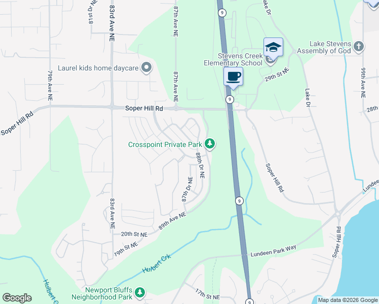 map of restaurants, bars, coffee shops, grocery stores, and more near 2513 88th Drive Northeast in Lake Stevens