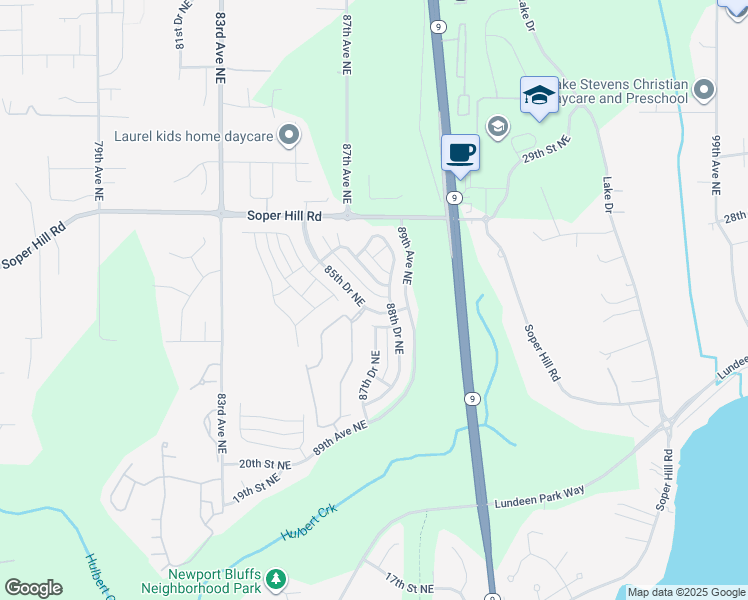 map of restaurants, bars, coffee shops, grocery stores, and more near 2509 85th Drive Northeast in Lake Stevens