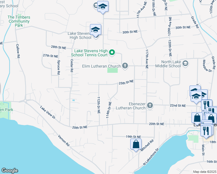 map of restaurants, bars, coffee shops, grocery stores, and more near 11306 25th Street Northeast in Lake Stevens
