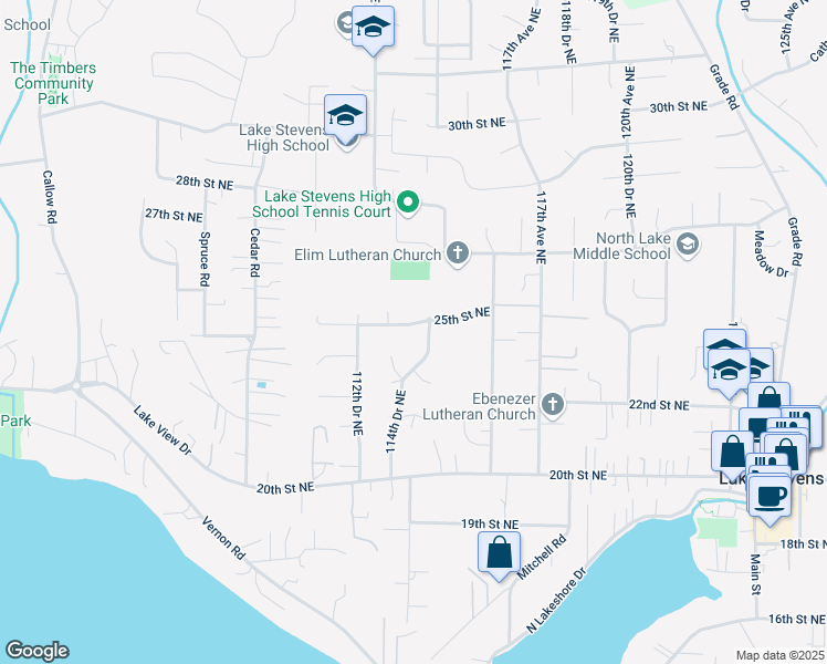 map of restaurants, bars, coffee shops, grocery stores, and more near 11306 25th Street Northeast in Lake Stevens
