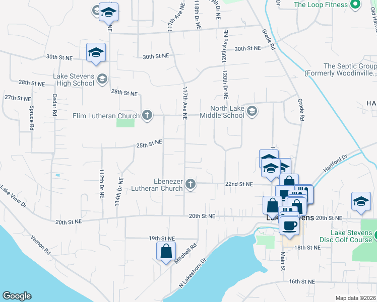 map of restaurants, bars, coffee shops, grocery stores, and more near 2309 117th Avenue Northeast in Lake Stevens