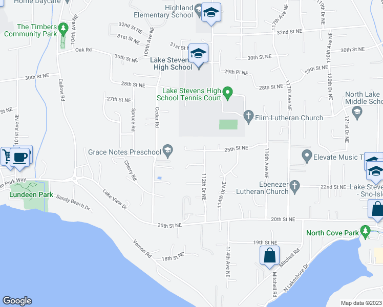 map of restaurants, bars, coffee shops, grocery stores, and more near 11110 25th Street Northeast in Lake Stevens