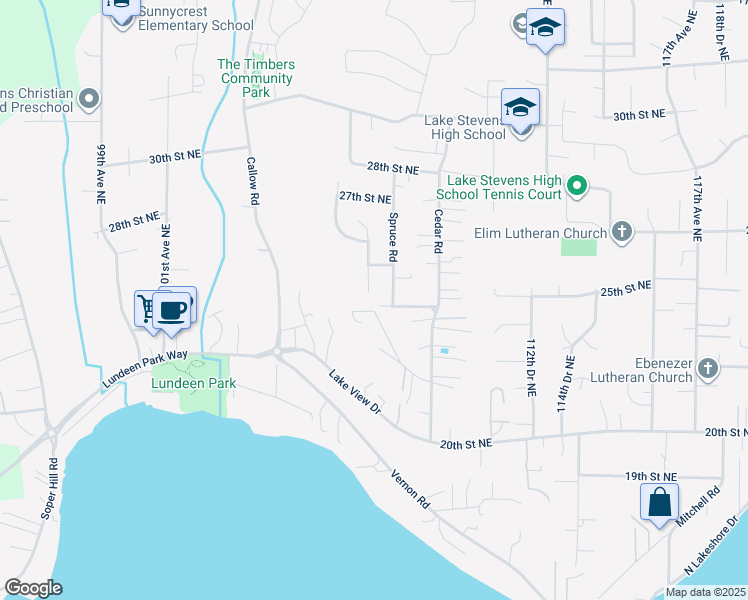 map of restaurants, bars, coffee shops, grocery stores, and more near 2331 107th Drive Northeast in Lake Stevens