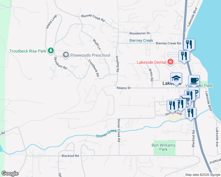 map of restaurants, bars, coffee shops, grocery stores, and more near Bower Road in Lakeside