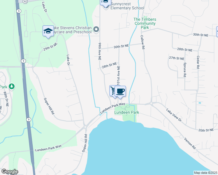map of restaurants, bars, coffee shops, grocery stores, and more near 2519 99th Avenue Northeast in Lake Stevens