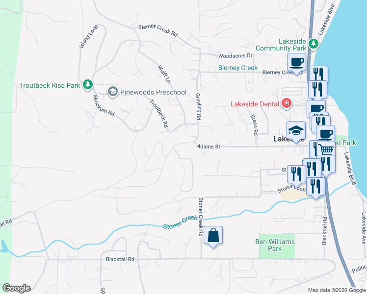 map of restaurants, bars, coffee shops, grocery stores, and more near Bower Road in Lakeside