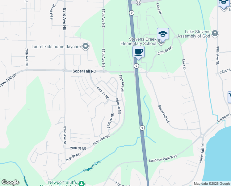 map of restaurants, bars, coffee shops, grocery stores, and more near 2513 88th Drive Northeast in Lake Stevens