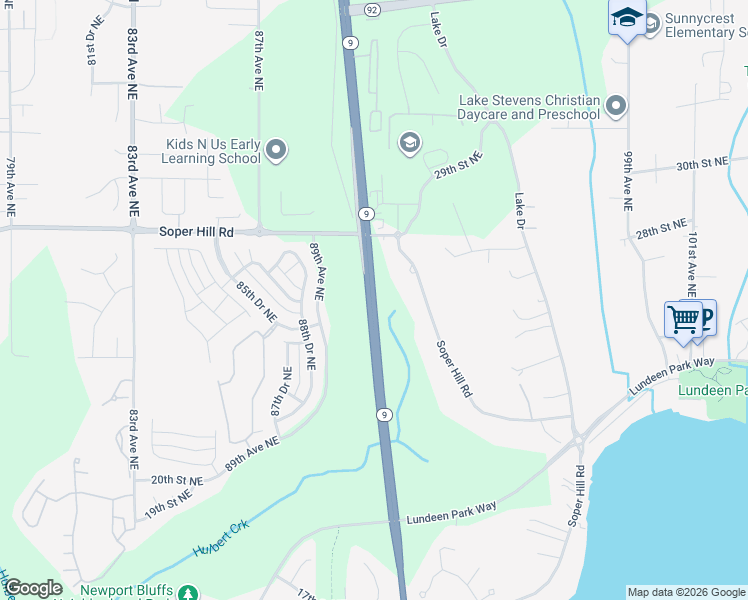 map of restaurants, bars, coffee shops, grocery stores, and more near Highway 9 in Lake Stevens