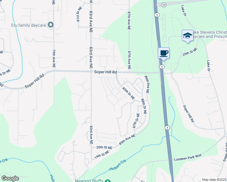 map of restaurants, bars, coffee shops, grocery stores, and more near 2432 84th Drive Northeast in Lake Stevens