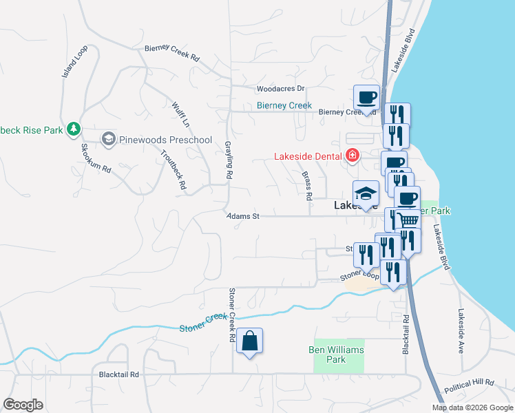 map of restaurants, bars, coffee shops, grocery stores, and more near 325-341 Adams Street in Lakeside