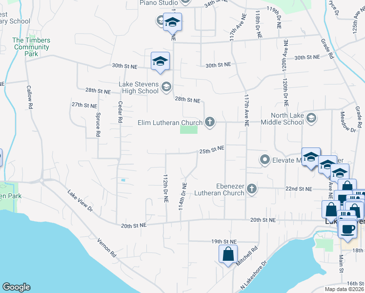 map of restaurants, bars, coffee shops, grocery stores, and more near 11306 25th Street Northeast in Lake Stevens