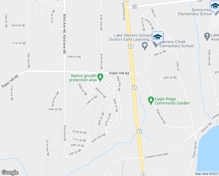 map of restaurants, bars, coffee shops, grocery stores, and more near 2521 87th Avenue Northeast in Lake Stevens