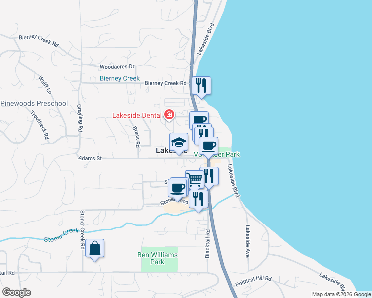 map of restaurants, bars, coffee shops, grocery stores, and more near 255 Adams Street in Lakeside