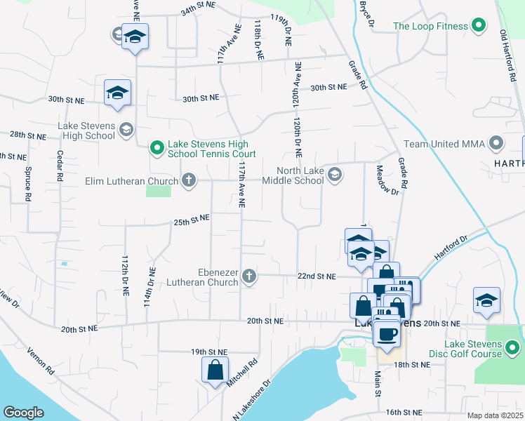 map of restaurants, bars, coffee shops, grocery stores, and more near 1418 118th Drive Northeast in Lake Stevens