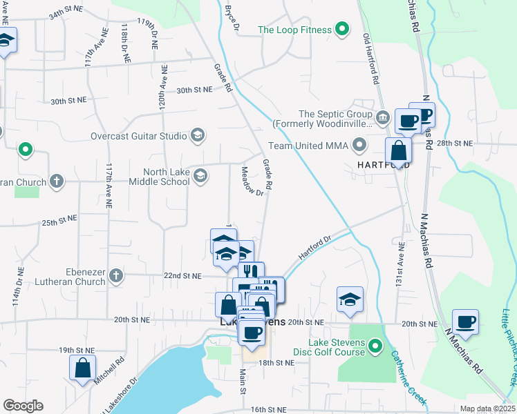 map of restaurants, bars, coffee shops, grocery stores, and more near 2306 Grade Road in Lake Stevens