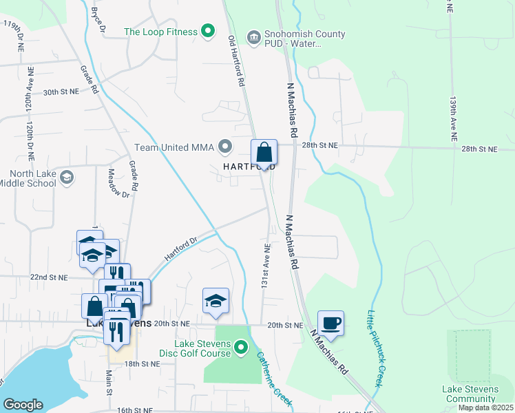 map of restaurants, bars, coffee shops, grocery stores, and more near 2512 Hartford Drive in Lake Stevens