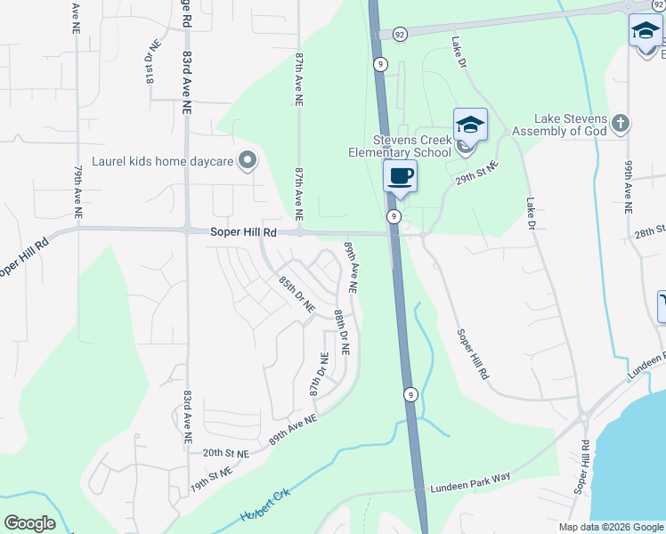 map of restaurants, bars, coffee shops, grocery stores, and more near 2623 88th Drive Northeast in Lake Stevens