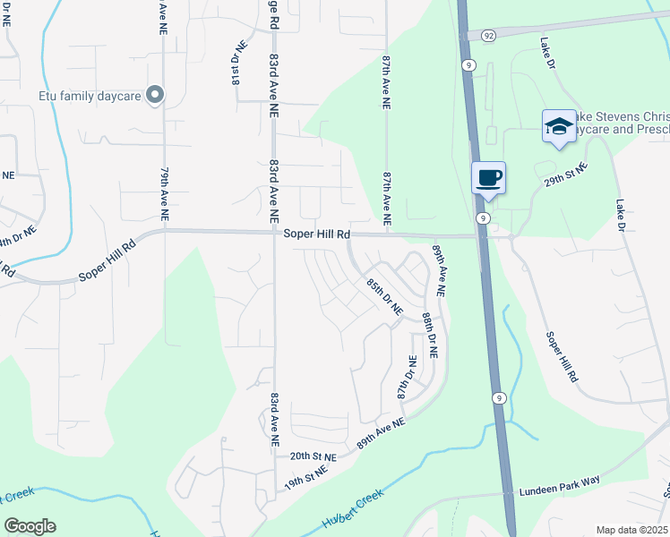 map of restaurants, bars, coffee shops, grocery stores, and more near 2716 85th Avenue Northeast in Lake Stevens