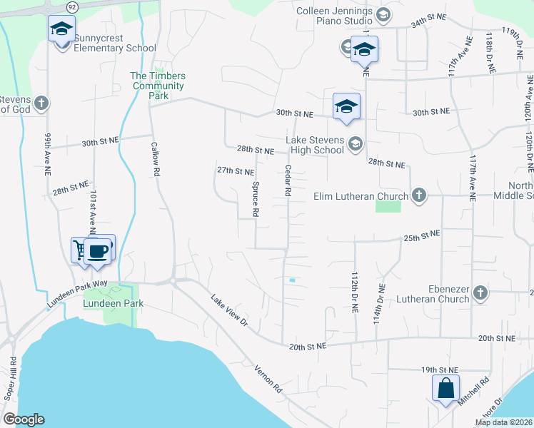 map of restaurants, bars, coffee shops, grocery stores, and more near 2608 Cedar Road in Lake Stevens
