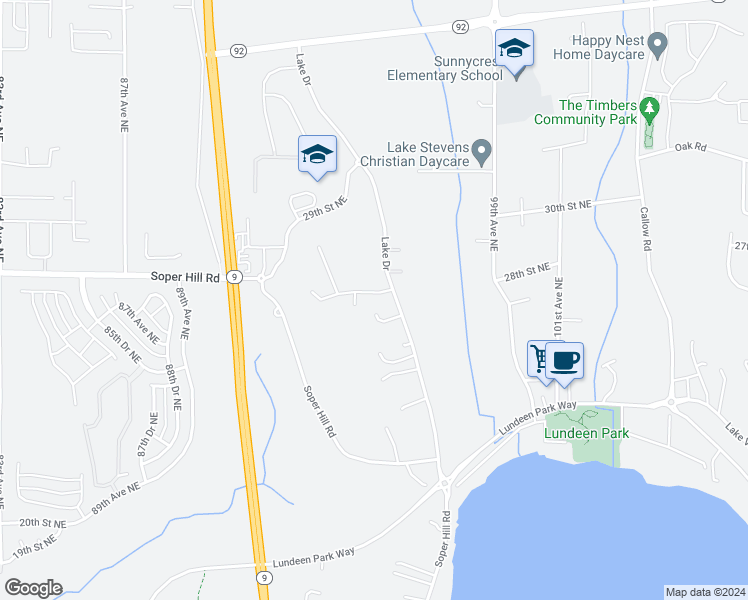 map of restaurants, bars, coffee shops, grocery stores, and more near 9508 28th Street Northeast in Lake Stevens