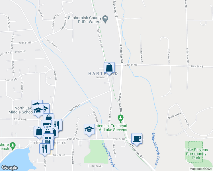 map of restaurants, bars, coffee shops, grocery stores, and more near 2512 Hartford Drive in Lake Stevens