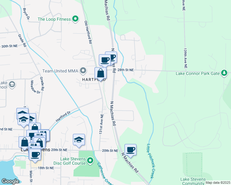 map of restaurants, bars, coffee shops, grocery stores, and more near 2527 North Machias Road in Lake Stevens