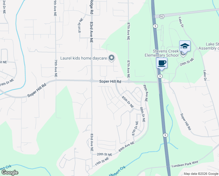 map of restaurants, bars, coffee shops, grocery stores, and more near 2730 85th Avenue Northeast in Lake Stevens
