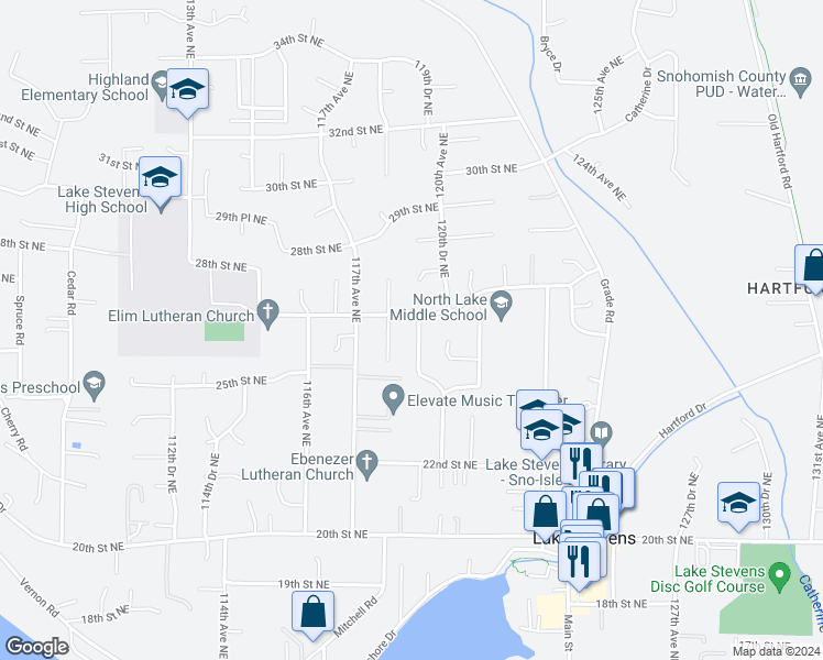 map of restaurants, bars, coffee shops, grocery stores, and more near 2530 120th Drive Northeast in Lake Stevens