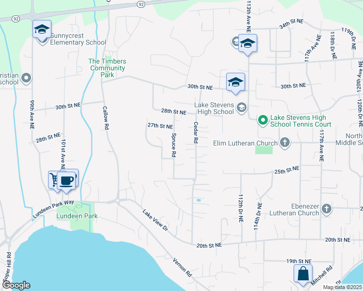 map of restaurants, bars, coffee shops, grocery stores, and more near 2608 Cedar Road in Lake Stevens
