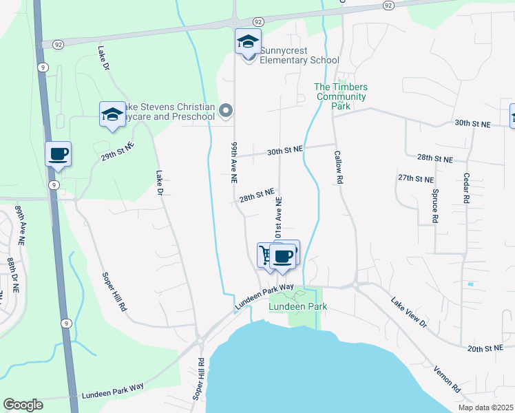 map of restaurants, bars, coffee shops, grocery stores, and more near 2709 99th Avenue Northeast in Lake Stevens